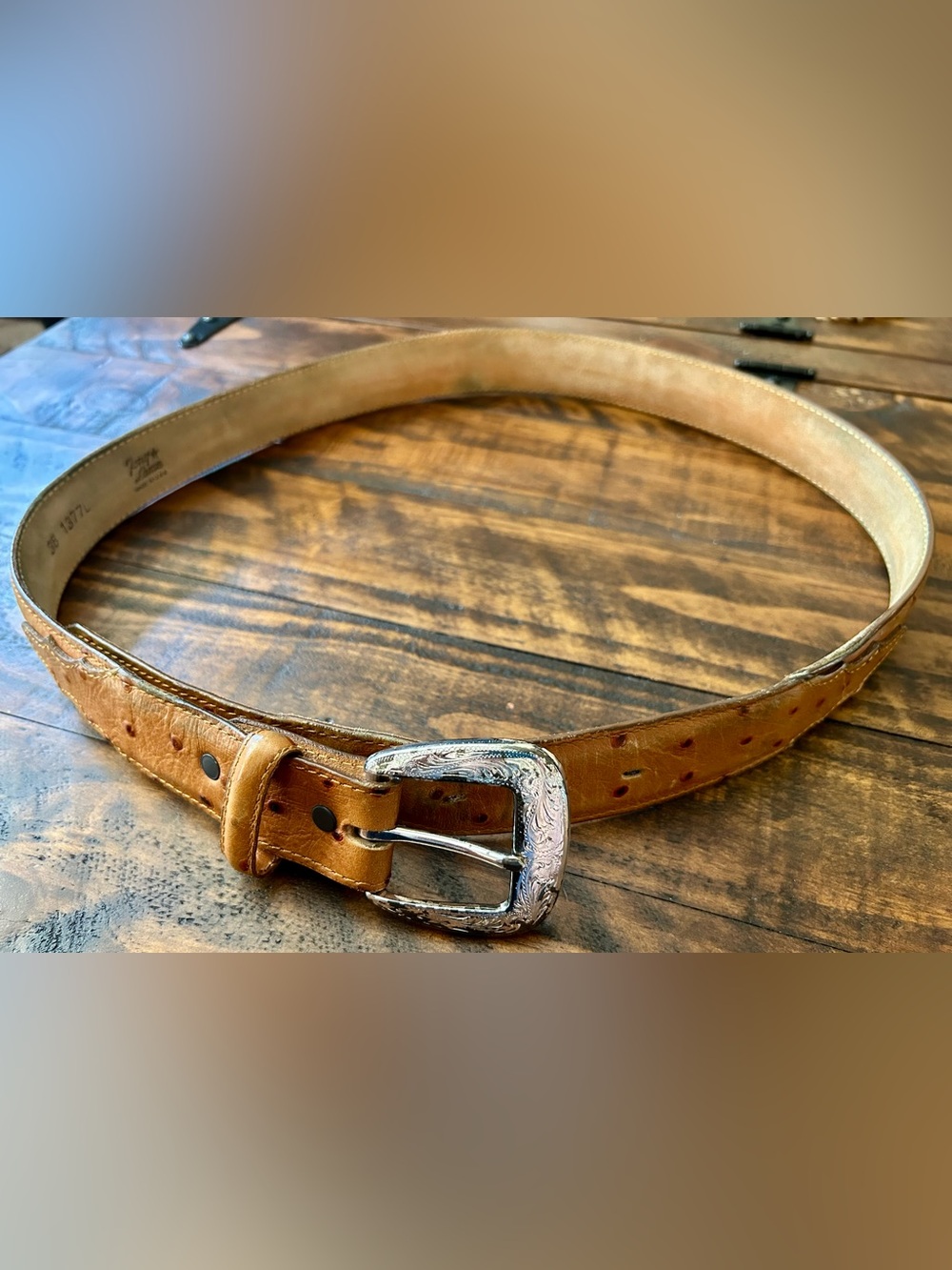 Tony Lama Men’s Leather Ostrich Belt with Silver Buckle Size 38